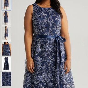 Alex Evenings Embroidered Tie Waist Sleeveless Dress (Plus) 24W